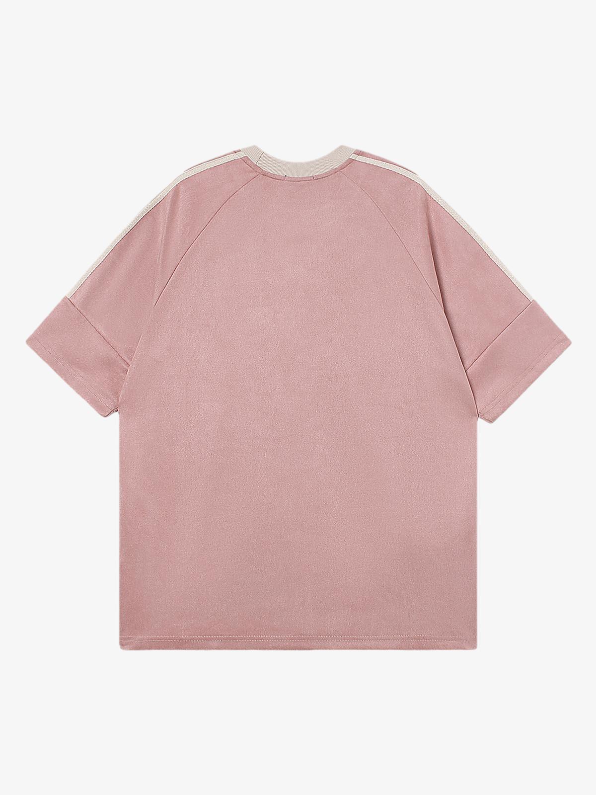 Suede Contrast Color Spliced Letter Embroidery Oversize T-shirt - 2462