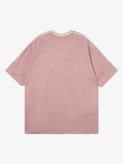 Suede Contrast Color Spliced Letter Embroidery Oversize T-shirt - 2462