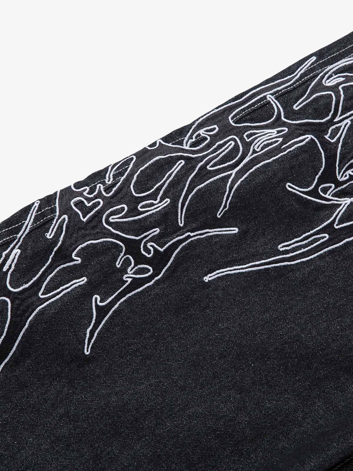 Denim Embroidered Flame Baggy Jeans - 2456