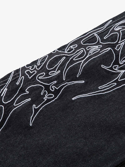 Denim Embroidered Flame Baggy Jeans - 2456