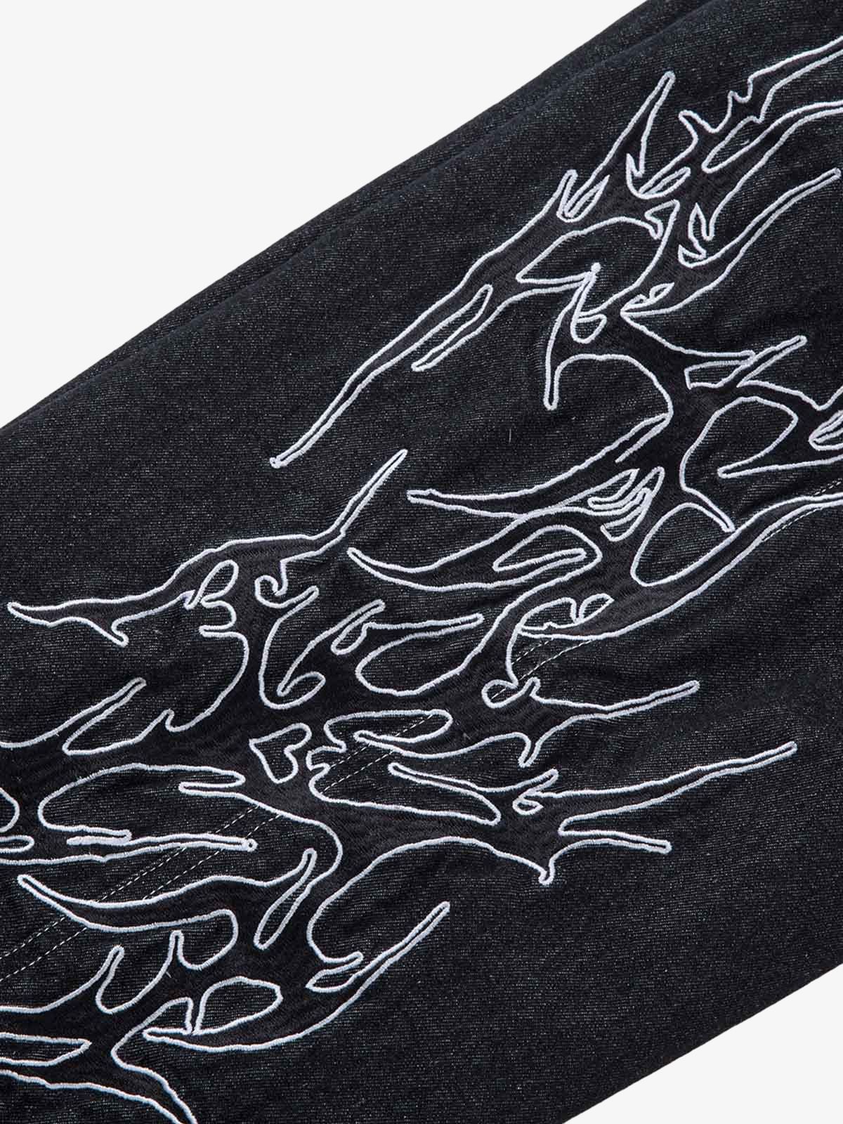 Denim Embroidered Flame Baggy Jeans - 2456