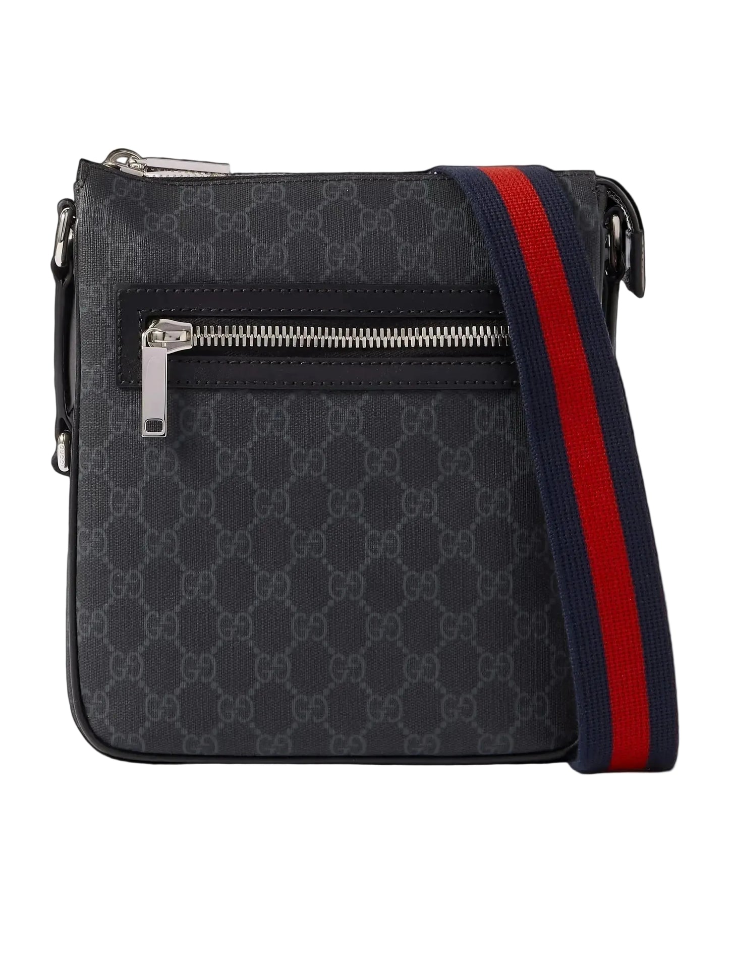 Black patterned crossbody bag with red and blue strap on a white background
